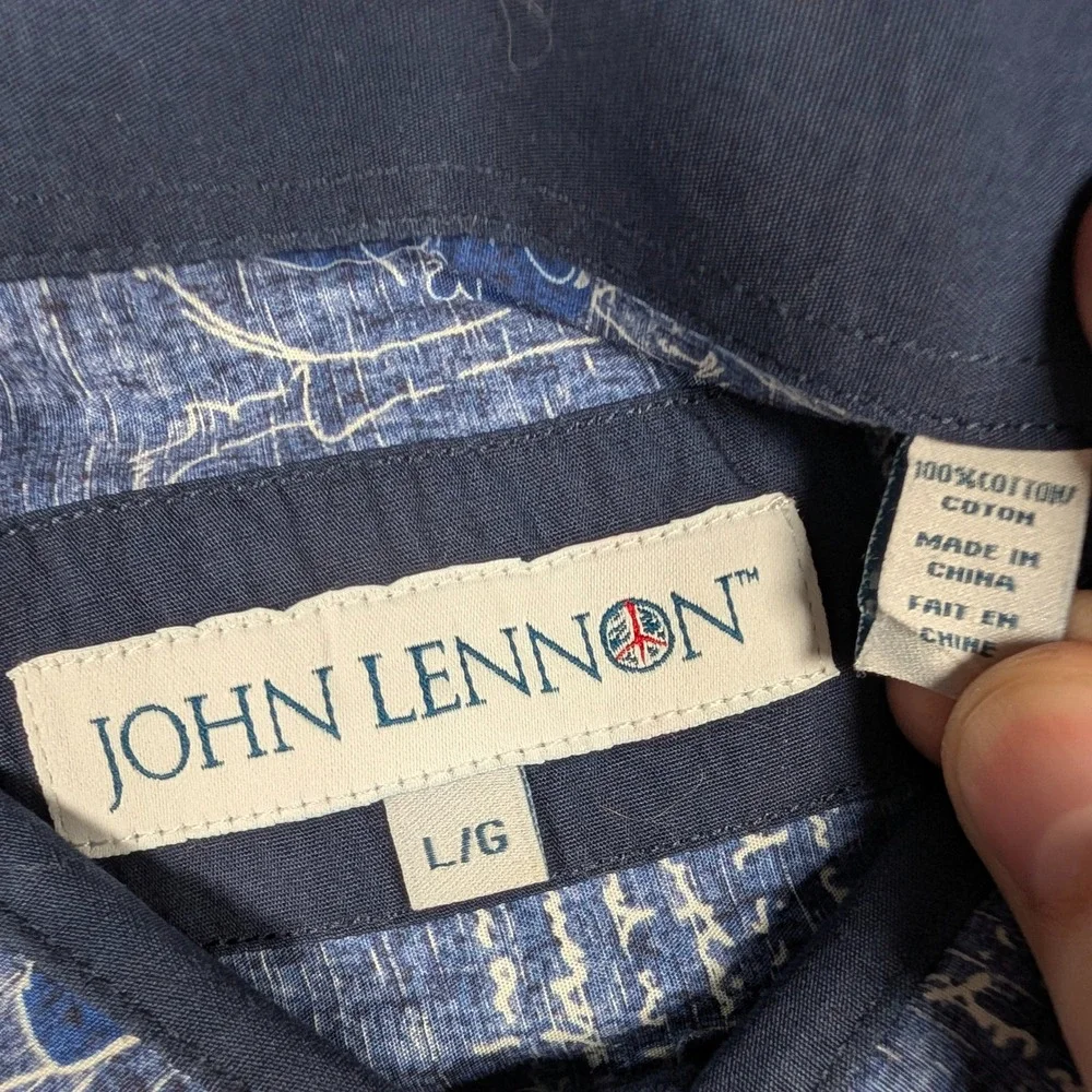 John Lennon Button Down Shirt Mens Large Blue Imagine Lyrics Graphic Long Sleeve - Picture 3 of 8